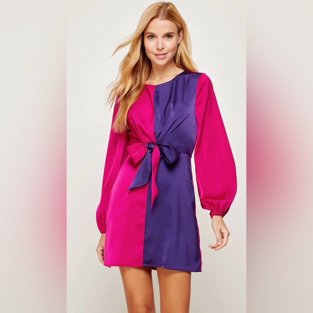 Strut& Bolt Fuchsia/Purple Color Block Front Tie Satin Mini Dress/ Size: Large